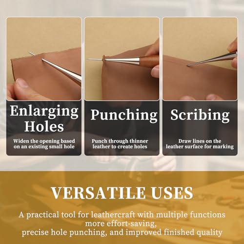Sewing Awl, Leather Awl Tool Tools with Wooden Handle, Scratch Awl, Leather Hole Punch Tool for Punching Stitching Book Binding Leather Craft