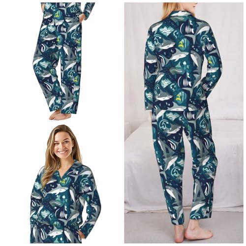 Image of Women'S Long Sleeve Pajama Set Soft Loungewear Button-Down Top & Elastic Waist Pants S- 2XL