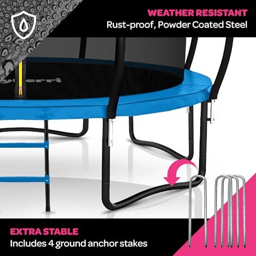 Image of JoyBerri Upsurge Trampoline Outdoor - ASTM Certified Safe 8Ft 10Ft 12Ft 14Ft 15Ft 16Ft Recreational Trampoline for Kids and Adults. Anti-Rust Coating with Enclosure Net, Ladder, Sprinkler & LED Lights