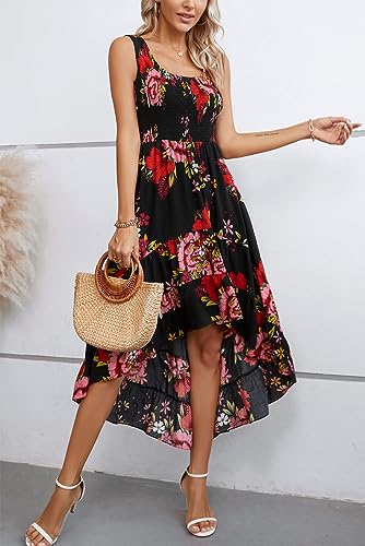 Image of Kormei Women's Casual Smocked Tank Dress Sleeveless High Low Flowy Summer Beach Tiered Loose Maxi Long Dresses XL Black /Red