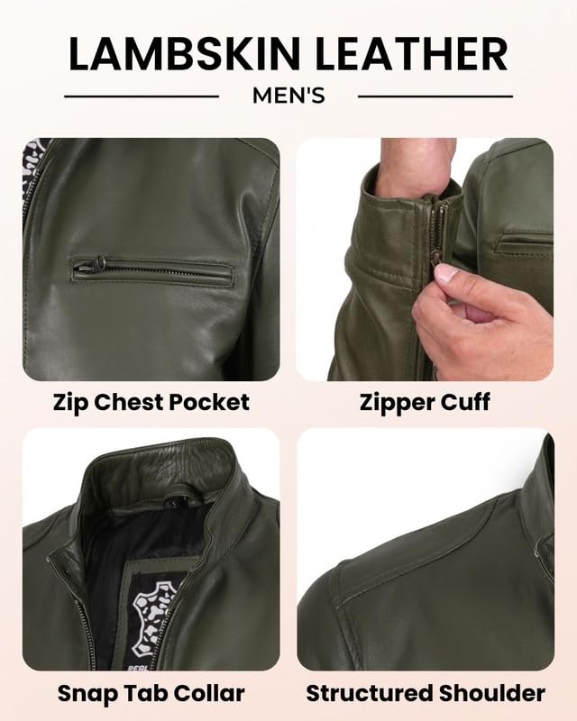 Image of Blingsoul Leather Jacket Men - Real Lambskin Cafe Racer Motorcycle Style Jacket for Mens
