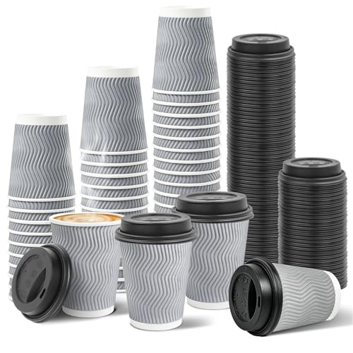 Ginkgo 100 Pack 8 oz Disposable Insulated Coffee Cups With Lids Double-Walled Ripple To Go Paper Travel Cups for Hot Drinks - Gray