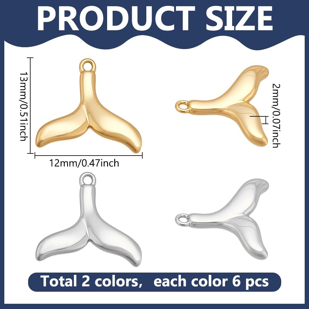 WADORN 12Pcs Gold Plated Whale Tail Charm, 2 Color Brass Fishtail Dangle Charms Ocean Sea Life Mermaid Tail Pendant Bulk for DIY Crafts Jewelry Making Necklace Bracelet Earrings Making - Image 2