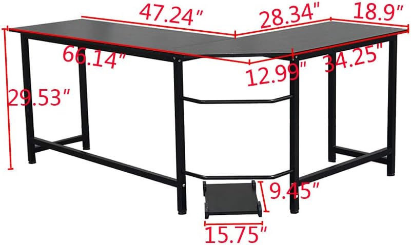 Henf L Shaped Computer Corner Desk, Metal and Wood Gaming Desk PC Table with CPU Stand, Writing Workstation Laptop Study Table for Home Office Study, Black