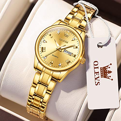 OLEVS Gold Watch for Women with Date Day Stainless Steel Waterproof Small Face Quartz Analog Ladies Watches Fashion Gold Black White Dial Female Wristwatch2