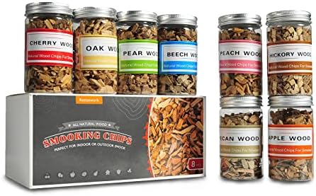 Wood Chips for Smoking (8 oz) Natural Smoking Wood Chips Variety Pack Hickory, Pecan,Cherry and Apple, Woodchips for Grilling Great for Smoking Beef Pork Chicken Fish Cocktail and Whisky (8 Pack)
