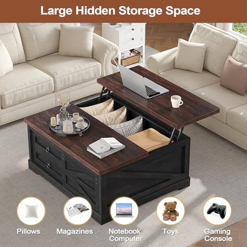 Itaar 39.4'' Lift Top Coffee Table with Storage, Farmhouse Coffee Tables for Living Room, Square Coffee Table with Large Hidden Compartment & 2 Drawers & Adjustable Shelves, Black+Walnut - Image 6