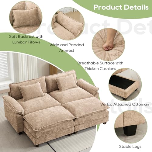 Image of Oprisen 86 inch Modular Sectional Sofa, Comfy Cloud Couch Sectional Sofa with Ottomans, Chenille Sofa Sleeper Deep Seat Sofa with Throw Pillows for Living Room (Khaki)