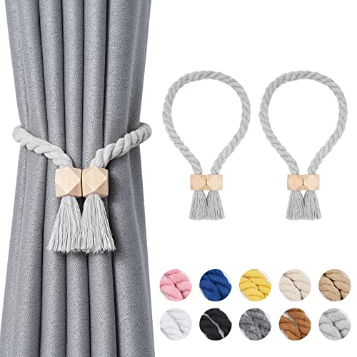 Niceec 2 Pack Wooden Polyhedron Magnetic Curtain Tiebacks Boho Home Decor Drape Tie Backs Natural Cotton Hand Woven Rope Curtain Holdbacks For Home & Office Window Draperies (Light Grey) #TOP28