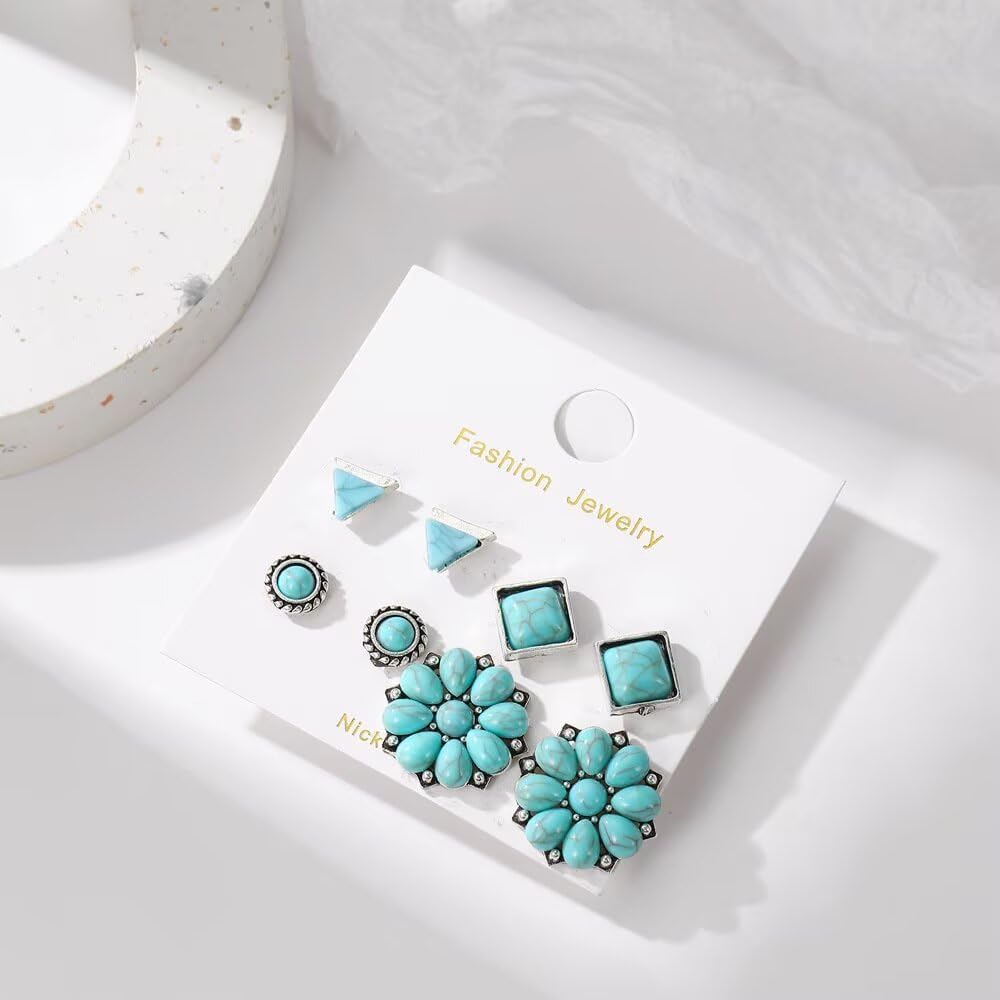 Turquoise Stud Earrings Set for Women Handmade Gemstone Geometric Flower Stud Earrings Western Statement Cowgirl Ethnic Boho Country Jewelry - Image 4