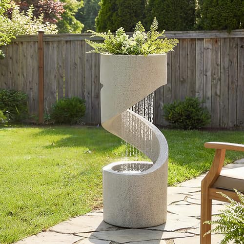 Glitzhome Outdoor Water Fountain, 40.25" H Modern Faux Terrazzo Spiral Shaped Outdoor Fountain with Pump and LED Lights, Polyresin Waterfall Fountain Water Feature for Garden, Patio, Porch Decor