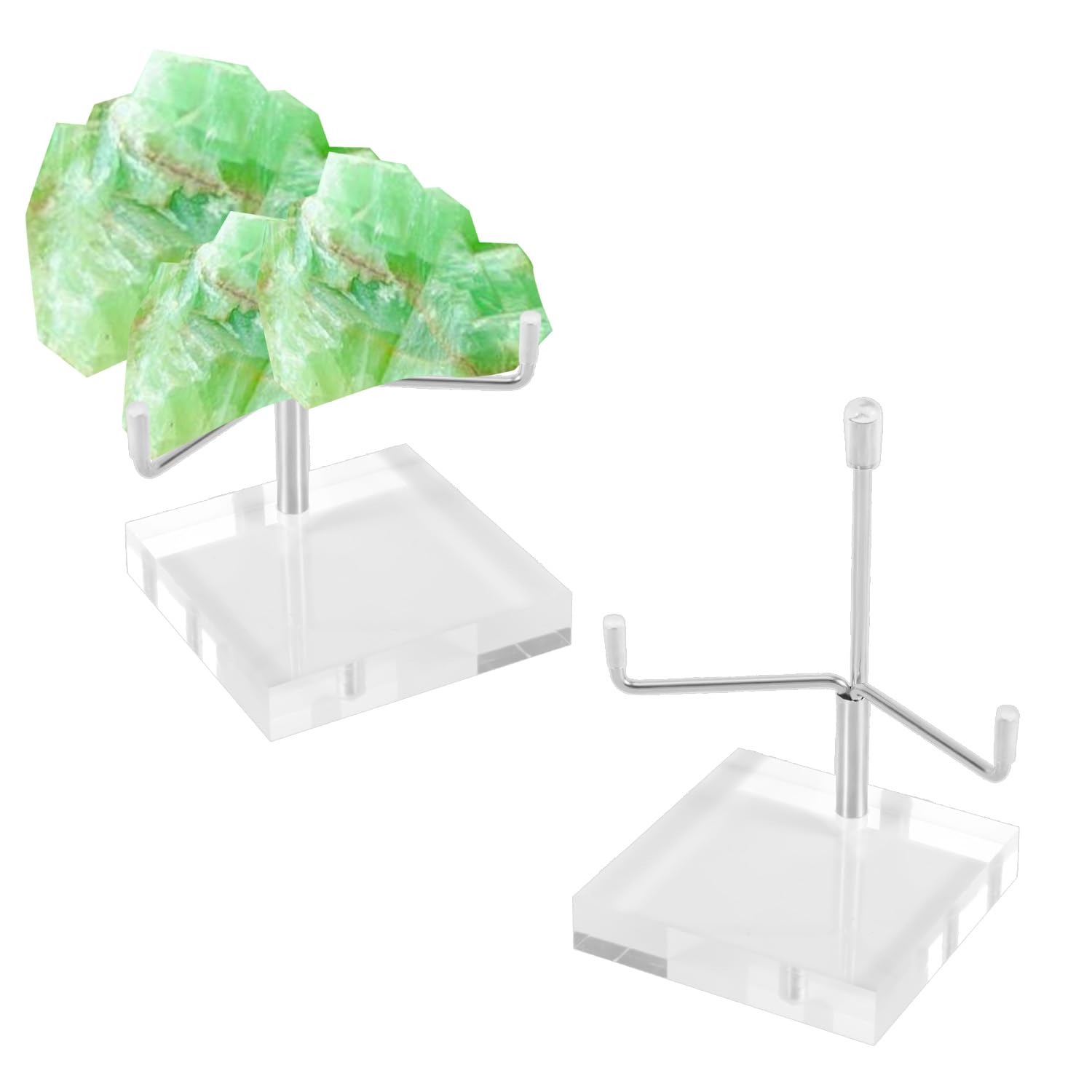 PEUTIER 2pcs Acrylic Easel Display Stand, 2.4 x 2.4 x 3.5inch Clear Acrylic Stand Holder with Adjustable Metal Arms Crystal Stand for Gemstone Fossil Crystal Mineral Geode Decor (Silver)