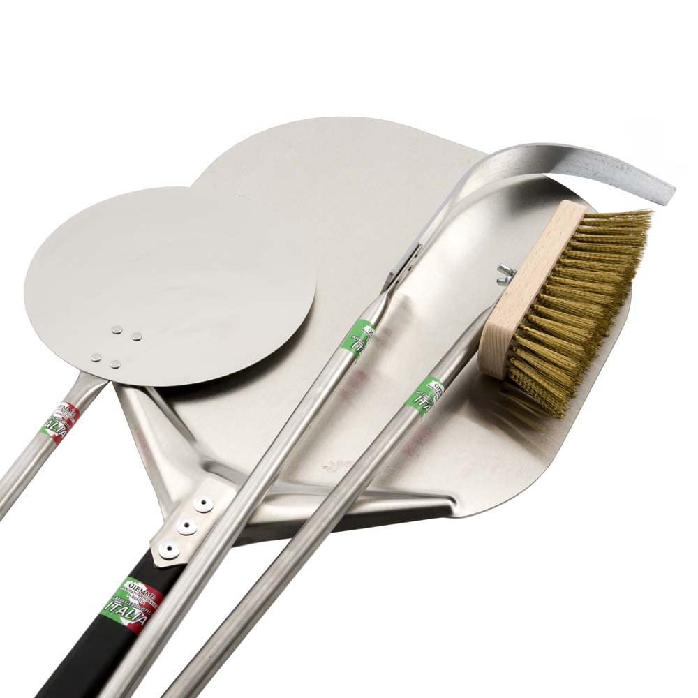 GIEMME Set Pizzaschaufeln Professionell, Aluminium-Schaufel 36 cm, Kleine Schaufel aus rostfreiem Stahl 22 cm, Bürste und Funkenverteiler, Griff 150 cm