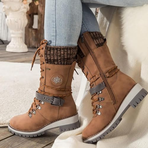 SACFOF Women's Winter Warm Mid Calf Snow Boots Knitted Suede Splicing Lace up Non-Slip Outdoor Motorcycle Riding Booties2