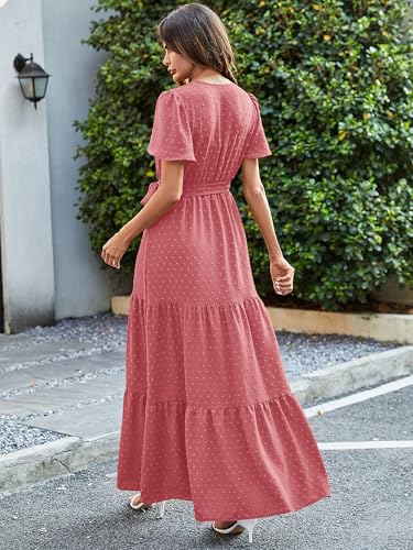 Image of MASCOMODA Women Boho Swiss Dot Maxi Dresses Wrap V Neck Flutter Short Sleeve Solid Tie Waist A Line Tiered Flowy Long Dresses