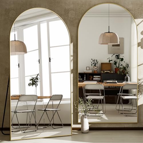 GLSLAND-34x76 inch Wall Mount Arched Full Length Mirror-Aluminum Alloy Frame High Definition-Full Body Mirror for Bedroom or Living Room,Gold