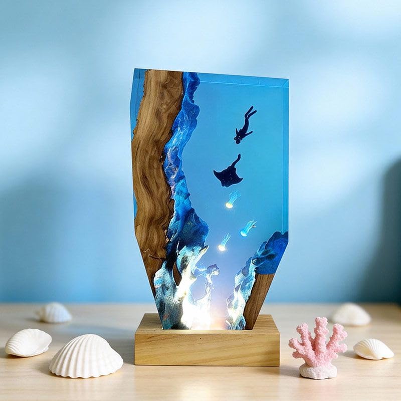 RESLOL Creative Ocean Epoxy Resin Wood Night Light, Handmade 3D Sea Life Resin Lamps, Deep Sea Diver Ornament, Epoxy Resin Lamp Handmade Home Desk Decor, Mothers Fathers Day Birthday Gift (Style 6)