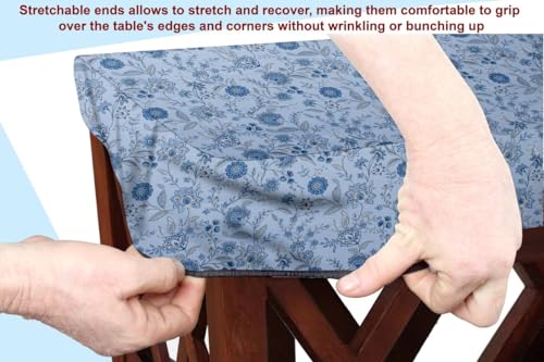 Image of The Furnishing Tree Elastic Cotton Rectangular Center Table Cover 24x60 in Inches Floral Navy Blue