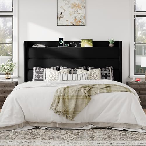 Image of Allewie King Size Upholstered Bed Frame with Charging Station, Black
