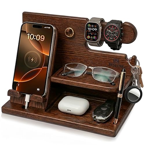 TESLYAR Wood Phone Docking Station for Men - Desk or Nightstand Organizer - Birthday Gifts for Husband, Dad - Anniversary Idea from Wife - Key Holder, Stand Wallet, Watch & Essentials (Bourbon Brown)