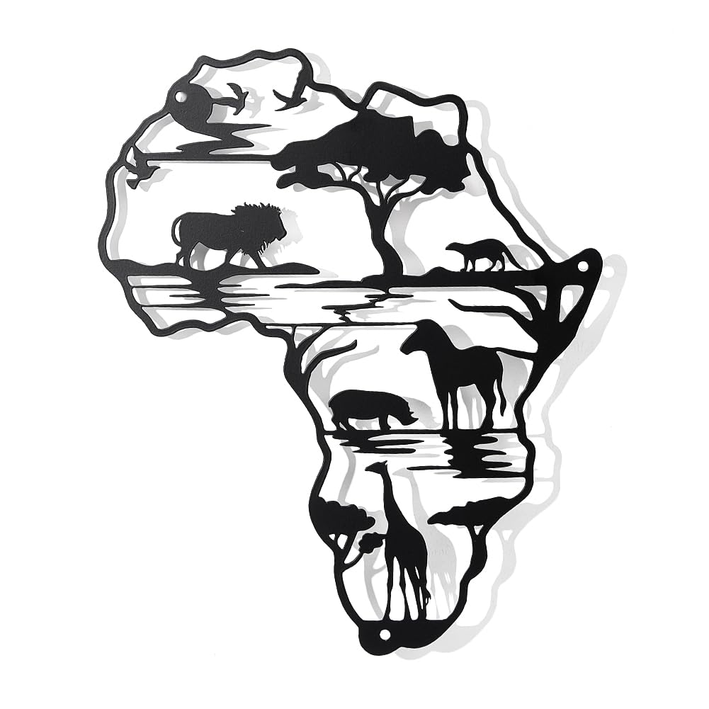 NBEADS Africa Map Metal Wall Decor, Black Africa Map Wall Hanging Decor 118x97 Africa Animals Wall Art Cutout Sign for Home Bedroom Living Room Office Garden Hotel Wall Decoration