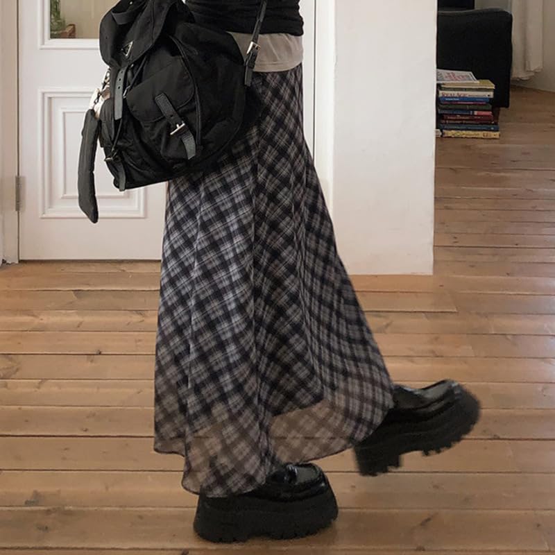 CORIRESHA Women's Retro Elegant Casual Plaid See-Through Mesh Drawstring High Waist A-Line Midi Skirt3