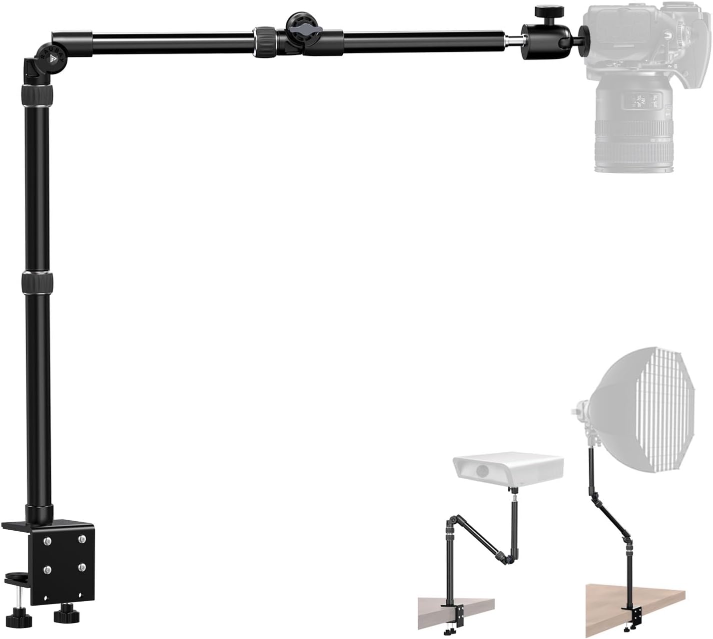 【All Metal】RAUBAY Desktop Magic Arm, Overhead Camera Desk Mount, Table Light Stand with 1/4“ Ball Head, 3/8" & 5/8" Adapter, C Clamp, Retractable Boom Arm for DSLR, Webcam, Microphone, Projector DMA01