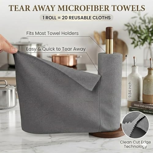 Image of Microfiber Cleaning Cloth Roll, 25x25 cm, Reusable Tear-Away Towels, 20 Pack (Grey, Pack of 1)