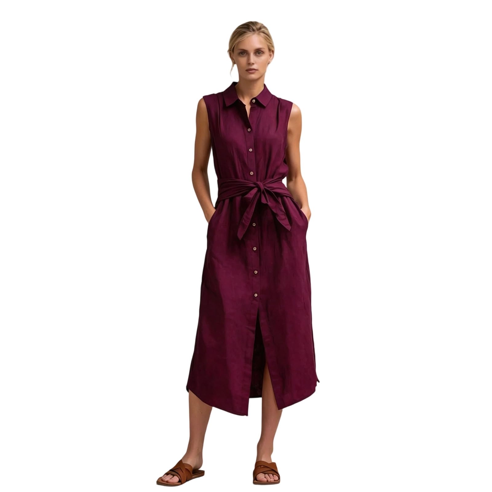 Cexiakong Summer Dress Women's Muslin Dress Linen Dresses Button Down Linen Dress Knee-Length Casual Beach Dress Sleeveless Summer Dresses Summer Shirt Dresses Casual Dress with Pockets, O wine, S