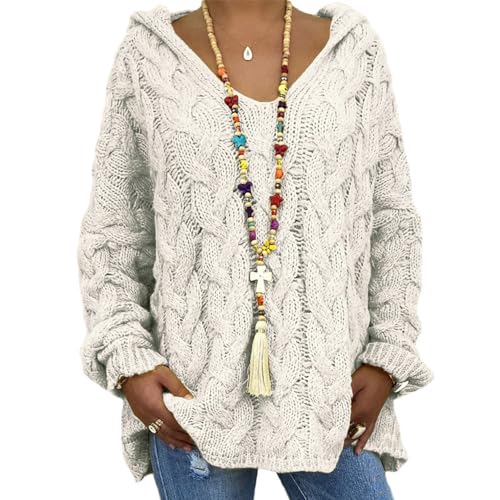Bengbobar Womens Oversized Sweaters Chunky Cable Knit Pullover Hooded Sweaters V Neck Long Sleeve Loose Solid Color Hoodies