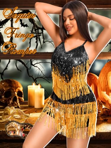 Image of Kaei&Shi Sequin Fringe Romper,Sparkly Glitter Metallic Jumpsuits For Women,Backless Shorts Dress Disco Birthday Dance Outfit