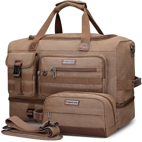 WITZMAN Duffle Bag for Men 50L Canvas Weekender Overnight Bag with Toiletry Bag Sets Travel Duffel Bag Shoes Compartment（A8010-2 Brown）