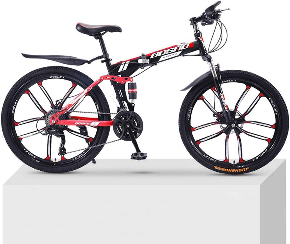 Bicicleta De Montaña De 21 Velocidades Y 10 Cuchillas Bicicleta Adulto Plegable Doble Amortiguación Todoterreno Velocidad Variable Bicicletas Masculinas Y Femeninas, Black Red, 24 Inch