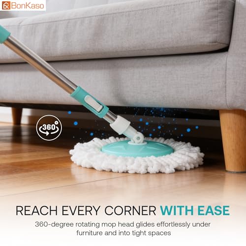 Image of BonKaso Plastic Spin Mop Bucket, Moppers for Cleaning Floor, Mop Set Extendable Handle, Removable Wringer 360 with Floor Cleaner Mopping Stick (Round Mop Set)