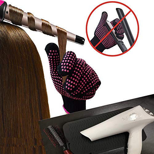 Image of Heat Resistant Silicone Glove and Mat Set for Curling Iron, Hair Straightener, Flat Irons - 9 inch x 6.5 inch Food Grade Silicone Mat, Black