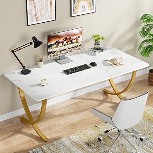 Tribesigns Executive Desk, 63” W X 31.5” D Large Office Desk, Modern Computer Desk Conference Table Meeting Room Table, Business Furniture For Home Office, White And Gold #TOP2