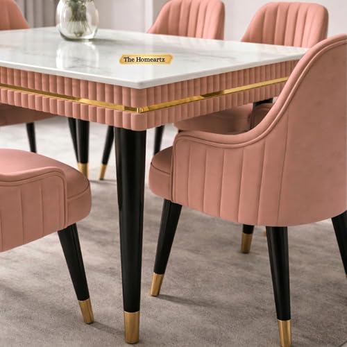 Image of Elara Modern Dining Table Set 6-Seater Wooden Dining Table Set | 1 Year Warranty | Nano Composite Marble Marble Top Table with 6 Chairs (Pink)