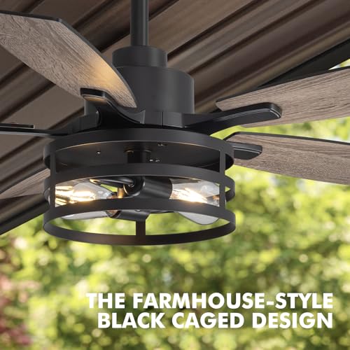 Image of 42 Inch Flush Mount Ceiling Fans with Lights and Remote Control, Farmhouse Ceiling Fan with LED Lighting for Bedroom Living Room and Patio, Black Caged Ceiling Fan for Indoor and Outdoor(NO Bulbs)