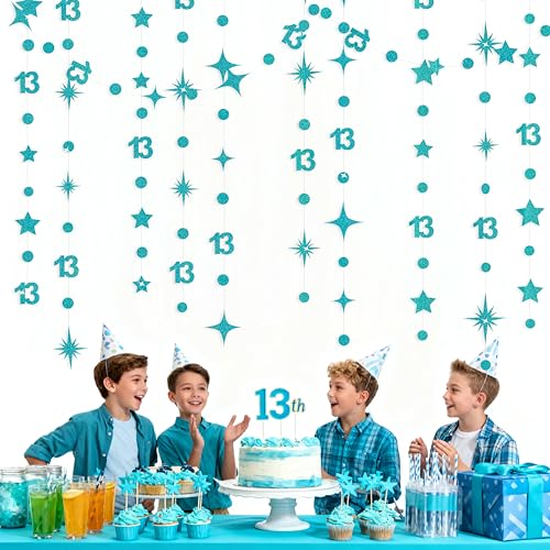 Image of Teal Blue 13th Birthday Decorations Number 13 Circle Dot Star Garland Glitter Streamer Banner Backdrop for Girls Boys Official Teenager Cheers to 13 Years Old Birthday 13th Anniversary Party Supplies