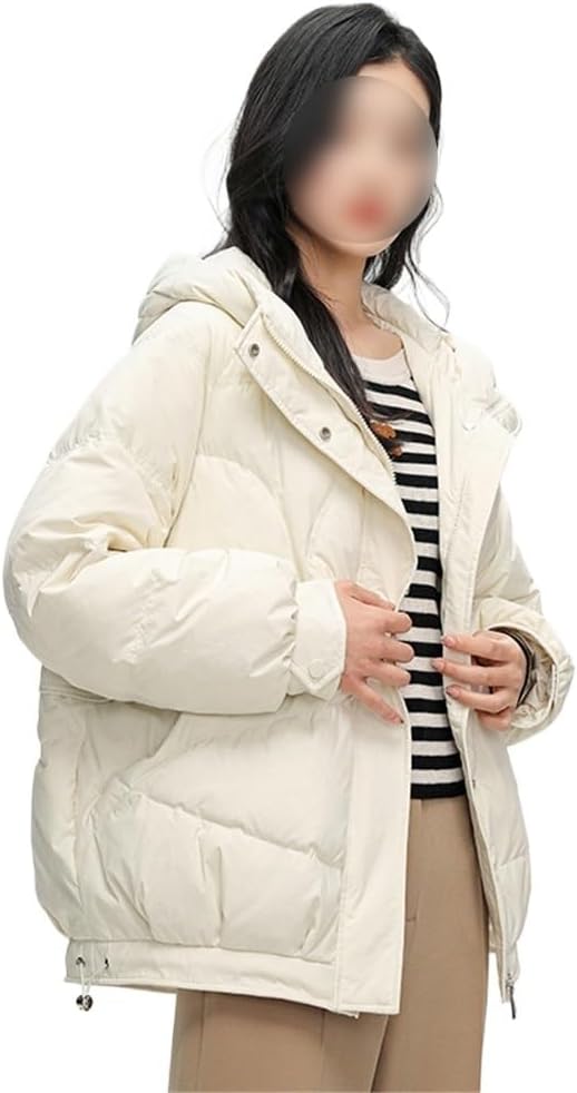 Short Down Jacket Thickened Loose Hooded Coat Casual Fashionable White for Women