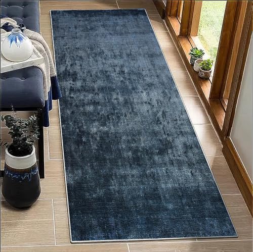 BORKOY Tapis de Couloir Long 50x250cm Bleu foncé Uni Antidérapant Lavable - Tapis Passage Durable Microfibre pour Cuisine, Chambre, Entrée - Design...