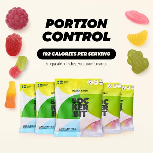 SOCKERBIT Swedish Candy, Sour Gummy Mix, Assorted Flavors, 5 Bags 2.82oz | Vegan, Gluten Free & Non GMO. Soft & chewy SOUR fruit gummies with variety of flavors, textures & shapes. - image 8