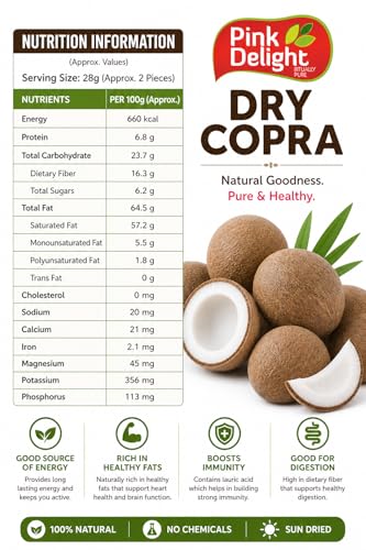 Image of Pink Delight Whole Dry Copra (Sukha Nariyal) | Natural & Sun Dried Coconut | Premium Quality Copra Gola | Rich in Healthy Fats | Ideal for Cooking, Sweets & Pooja Use (Approx 400-500 gm)