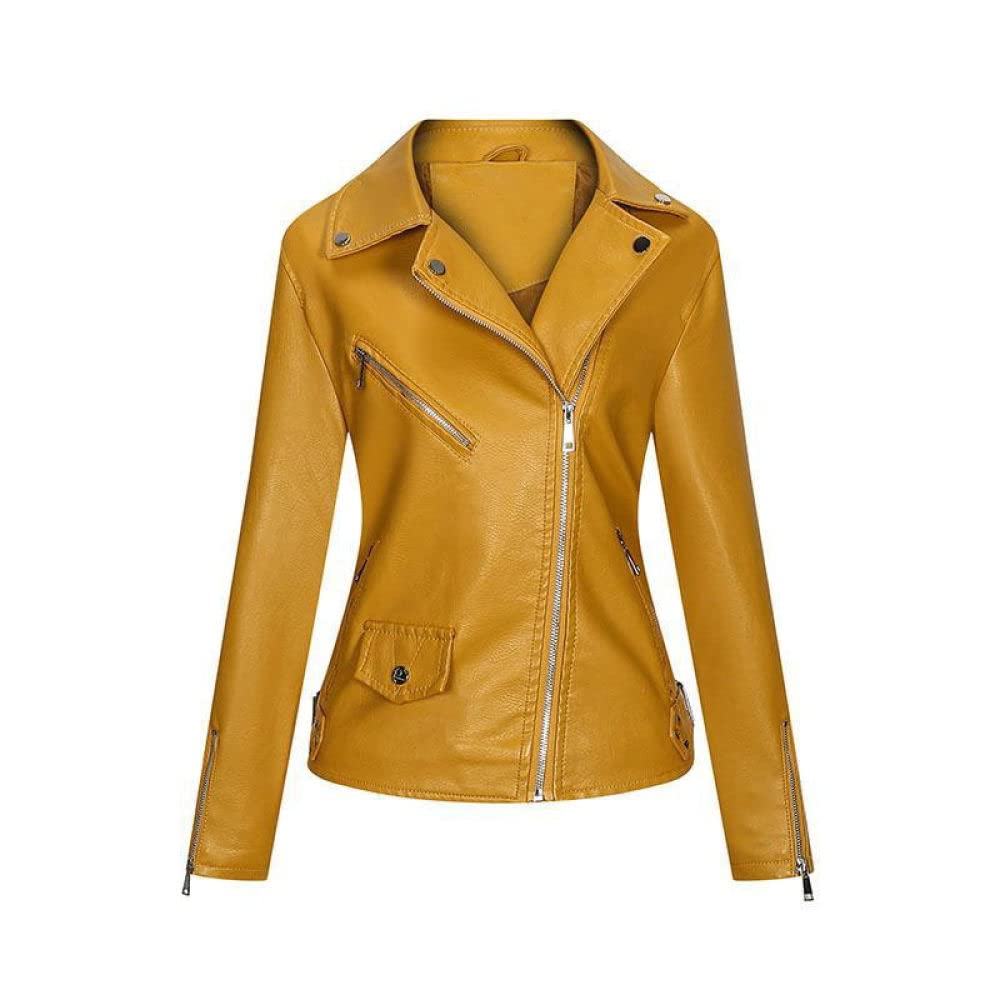 Chaqueta Mujer,Chaqueta De Piel Sintética Para Mujer, Solapa Amarilla, Bolsillo Falso, Hebillas Laterales, Puños Con Cremallera, Vintage, Manga Larga, Ajustado, Para Motorista, Pu, ​​Abrigo Cort