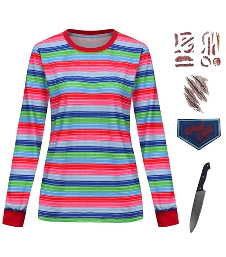 Tuoweey Halloween Costume for Women Casual Long Sleeve Shirt Tops Horror Rainbow Striped Tee(B,X-Large)