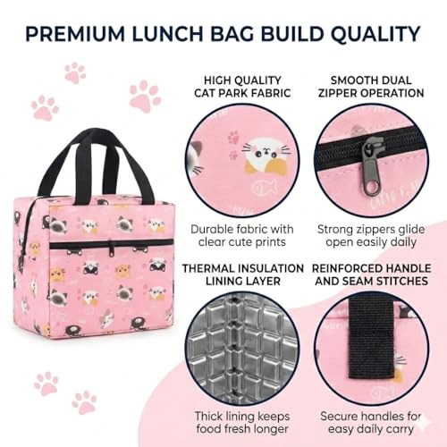 Image of Toy Imagine 5.6L Insulated Lunch Bag for Kids School Cute Cartoon Print Tiffin Bag Snack Tote Bag Compact Portable Leak Proof Tiffin Pouch Hot and Cold Lunch Box Bag for Boys & Girls(Cat Design Pink)