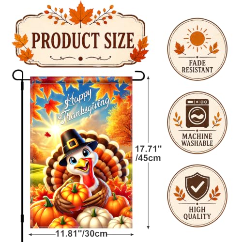 Image of BlissYard Happy Thanksgiving Garden Flag Cute Turkey Pumpkin 12x18 Inch | Double sided polyester, Happy Thanksgiving turkey design, cheerful harvest decor for porch and yard
