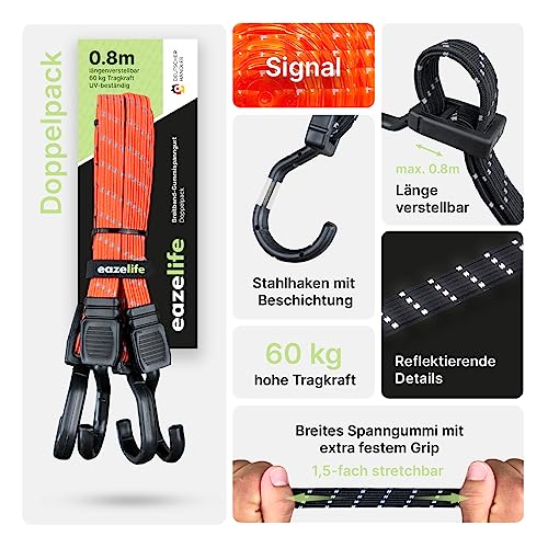 Eaze Life Set of 2 Rubber Tension Straps, Adjustable, Broadband Expander with Stainless Steel Hooks, Signal, 80 cm - Image 2
