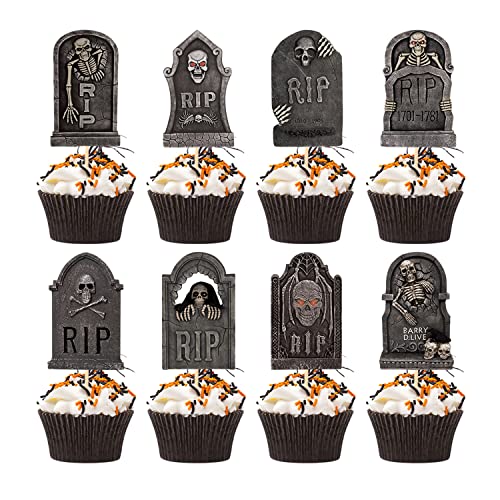 VARACL 24 Pieces Halloween Tombstone Cupcake Toppers, 8 Designs Tombstone Graveyard Cake Toppers Scary Cupcake Decoration Table Centerpiece Sticks Appetizer Picks for Halloween Party Supplies