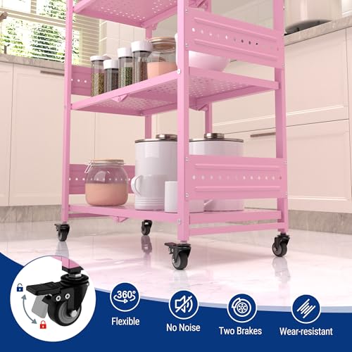 Image of WORKPRO 4-Tier Folding Shelf, No-Assembly Metal Storage Rack with Wheels, 600 lbs Capacity (with Leveling Feet), Collapsible Shelving Unit for Kitchen, Pantry, Closet & Craft Shows - Pink